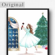 an illustration of a girl in front of a christmas tree holding a red ornament