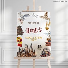 an easel with a sign that says welcome to henry's radical birthday party