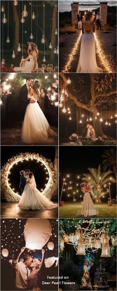 wedding photos taken at night with fairy lights