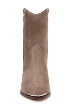 Side pull-tabs and a curved topline add Western-inspired elements to a supple suede boot balanced by a pointy toe and tapered block heel. 3" heel 5 1/2" shaft Pull-on style Leather upper, lining and sole Imported Chic Suede Boots With Heel Pull Tab, Suede Wedge Boots With Suede Lining, Suede Snip Toe Heeled Boots Medium Width, Suede Boots With Heel Tab And Pointed Toe, Suede Boots With Heel Pull Tab And Pointed Toe, Suede Boots With Heel Pull Tab And Snip Toe, Suede High Heel Boots With Heel Pull Tab, Suede Snip Toe Boots For Work, Suede Mid-calf Boots With Pointed Toe And Reinforced Heel