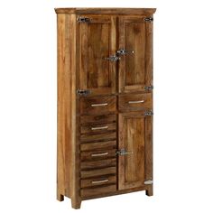 a wooden cabinet with many drawers and handles on it's sides, against a white background