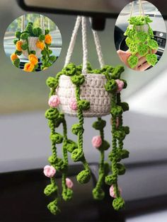 crocheted plant hanger hanging from the side of a car