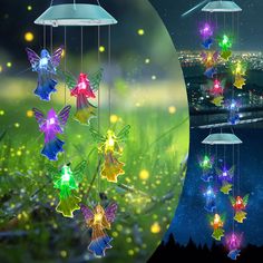 an image of some lights that are in the air with butterflies hanging from it's sides