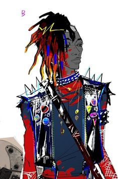 a drawing of a man with dreadlocks holding a guitar in his right hand