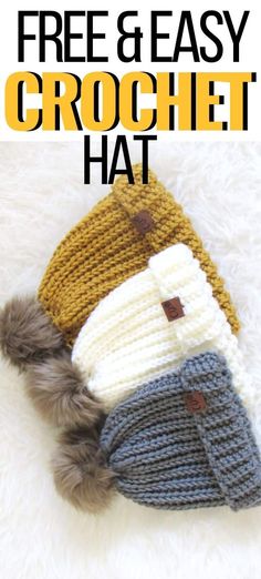 a crochet hat with the text free and easy crochet hat on it