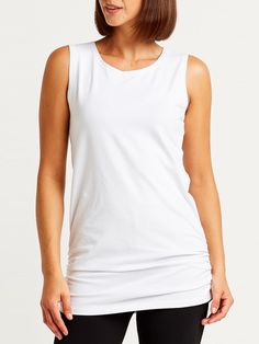 This is Planet's essential layering piece. Super soft blend of pima cotton and modal makes it the perfect starting point for your comfy, cool outfit. Longer length, with ruched detail at hem. Scoop neckline. Made in the USA. Virtual Fashion, Style Expert, Swimwear Tops, Scoop Neckline, Jacket Tops, Denim Dress, Casual Chic, Layering