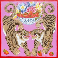 two tigers standing next to each other on a pink background