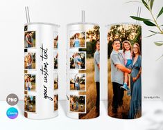 two white candles with photos on them are next to a potted plant