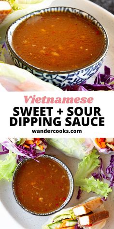 vietnamese sweet and sour dipping sauce on a white plate with lettuce, carrots and red cabbage