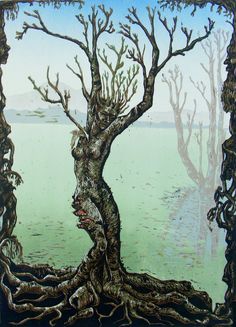 an image of a tree with roots growing out of it's trunk and water in the background