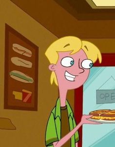 a cartoon character holding a pizza in front of a sign that says open on it