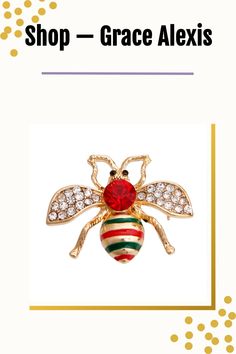 Gold stripe bee brooch pin featuring red crystal rhinestone detailing. Bee Brooch, Gold Stripes, Red Crystals, Crystal Rhinestone, Brooch Pin, Brooches, Bee, Rose Gold, Crystals