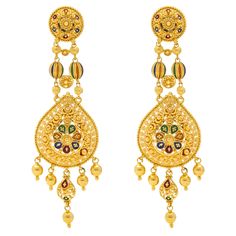 The colorful Meenakari details added to this beautiful pair of 22k yellow gold earrings adds a vibrant cultural appeal to the traditional gold earring design. Features • 22k yellow gold • Beading • Enamel Virani Jewelers is a leading Indian Gold jewelry store in the Iselin, New Jersey specializing in exquisite 22k gold jewelry designs. Shop with us for the finest Indian jewelry and experience the beauty and elegance of our luxury gold jewelry creations. Specifications: • Minimum Earrings Width - Luxury Gold Chandelier Earrings With Meenakari, Traditional Yellow Gold Kundan Danglers, Traditional Gold Plated Meenakari Danglers, Traditional Meenakari Gold-plated Danglers, Traditional Meenakari Danglers In Gold Plated, Traditional 22k Gold Bridal Earrings, Traditional Multicolor Bridal Earrings With Intricate Design, Festive Yellow Gold Chandbalis With Meenakari, Festival Yellow Gold Meenakari Chandbalis