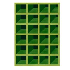 a green area rug with squares and rectangles in the center on an isolated white background