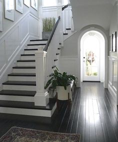 an entryway with stairs and potted plants on the floor in front of it