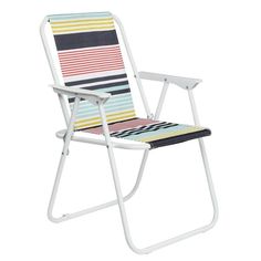 a white chair with multicolored stripes on the seat and backrest, against a white background