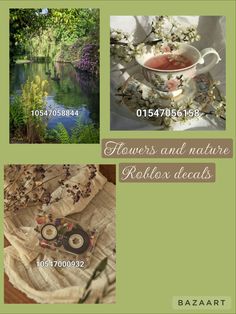 four different pictures with flowers and nature in the middle one has a tea cup on it