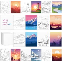 an assortment of different landscape cards with the sun setting in the background and mountains on each side