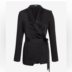 Pitch Black Our Most Loved Satin Blazer Now With A Chic And Flattering Tie Waist. This Blazer Looks Great At The Office Or At The Bars. Wear It With The Matching Pants Or A Pair Of Jeans. Features & Fabric Shawl Lapel Long Sleeves Tie Waist Straight Hem; Satin Fabric; Lined Length: Regular 29.5" Polyester Machine Wash Blended Fabric Imported It Is A Must Have In Your Closet. It Is Super Elegant. Perfect For Dressy Fabric. Stays Closed, Inside Button. Black Silk Blazer With Lapel Collar, Black Silk Long Sleeve Blazer, Black Silk Blazer For Party, Chic Silk Outerwear For Work, Black Silk Blazer For Fall, Chic Silk Long Sleeve Outerwear, Black Silk Blazer For Work, Chic Silk Blazer For Fall, Chic Fall Silk Blazer