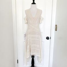 Bcbgmaxazria Odette Asymmetrical Lace Cold Shoulder Dress In White With A Beige Nude Lining Brand New With The Return Tag Still On! Size Small Self: 91% Nylon / 9% Spandex | Lining: 87% Polyester / 13% Spandex Short Sleeves, Cold Shoulder, V-Neck Handkerchief Hem, All Over Lace Trim Orig $228 #Designer #Dress #Wedding #Anthropologie #Bcbg Cream Asymmetrical Hem Dress For Spring, White Fitted Maxi Dress With Asymmetrical Hem, Fitted White Maxi Dress With Asymmetrical Hem, Chic White Dress With Handkerchief Hem, White Fitted Dress With Handkerchief Hem, Fitted White Dress With Handkerchief Hem, Line Branding, Spandex Shorts, Handkerchief Hem