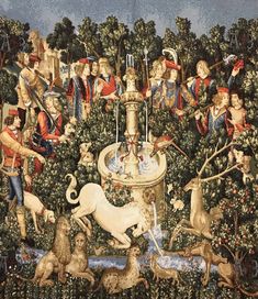 an image of a painting with animals and people in the background, surrounded by trees