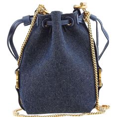 Chloe Ladies Bucket Bag. SKU: CHC23AP844K59. Closure Type: Drawstring. Color: Denim. Size: H 7.W 11 x H 18 cm. Chole Micro Marcie Bucket Bag. The Micro Marcie Bucket Bag features a chain shoulder strap and a leather top with a drawstring fastening. It showcases a contrasting branded press-stamped logo on the front, a grained leather design, and elegant gold-tone hardware. Made in Spain Denim Bucket Bag, Versace Watch, Buy Watches, Cheap Gifts, Denim Shoes, Crossbody Messenger Bag, Simple Bags, Mini Handbags, Leather Design