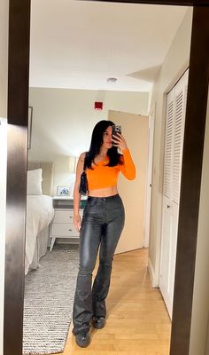 Leather Pants And Crop Top Outfit, Leather Pants Crop Top Outfit, Orange One Shoulder Top Outfit, Orange Top Outfit Black Women, Orange Corset Outfit, Orange Crop Top For Summer Night Out, Crop Top Naranja Outfit, Trendy Orange Crop Top