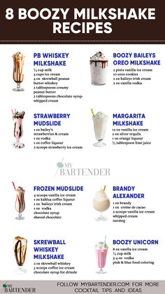 8 Boozy Milkshake Recipes Boozy Milkshake Recipes, Bourbon Chocolate, Alcoholic Treats, Boozy Milkshake, Bartender Drinks, Milkshake Recipe