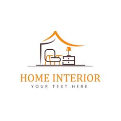 an orange and white logo for a home interior design company, with a bed in the corner