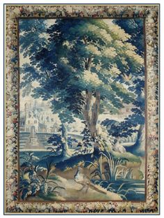 an old tapestry with trees and animals in the foreground, on a blue ground