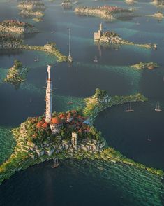 an island in the middle of some water with buildings and trees on it's sides