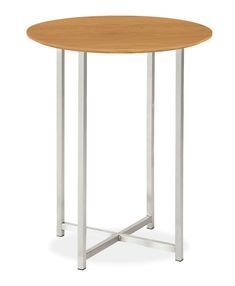 a round wooden table with metal legs and a wood top on an isolated white background