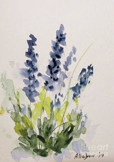 watercolor painting of blue and green flowers on white paper