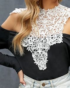 Olivia Mark - Off-the-shoulder lace appliqué blouse Cold Shoulder Blouse, Blouse Material, Chic Woman, Pre Fall, Lace Applique, Olivia Mark, Black Blouse, Affordable Fashion, Join Us