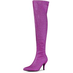 Opt for a sparkling with these over the knee high boots. Showcasing glitter design, it features a pointed toe. Resting on a high stiletto heel, it's adorned with zip detailing. Pair it with a beautiful dress and it will take on new heights.Glitter Over The Knee High Boots.Pointed Toe.Stiletto Heel.Side Zipper.Vamp: Glitter; Outsole: Rubber; Heel: ABS. Size: 5.5. Color: purple. Gender: female. Age Group: adult. Pattern: Solid. Glamorous Knee-high Boots, Winter Party Over-the-knee Boots, Fitted Glitter Boots For Party Season, Fitted Glitter Boots For Winter, Purple Heeled Boots For Winter Party, Glitter Fitted Boots For Night Out, Glitter Boots Fitted For Night Out, Sparkling Fitted Winter Boots, Fitted Sparkling Winter Boots