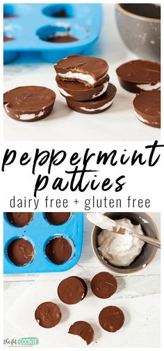 chocolate covered pretzel patties with the text overlay that reads, peppermint patties dairy - free gluten free