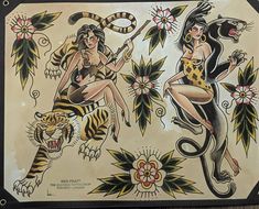 an image of two women with tattoos on their body and tiger in the foreground