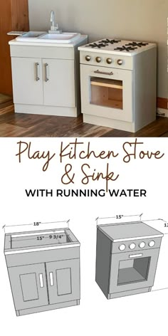 a kitchen stove and sink are shown with the words play kitchen stove & sink with running water