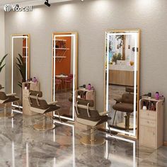 a salon with mirrors and chairs in it