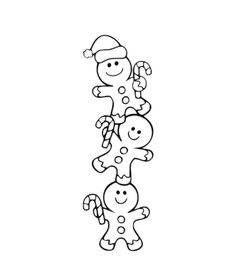 a black and white line drawing of three gingerbread men with candy canes in their hands