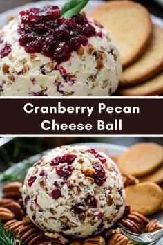 cranberry pecan cheese ball on a plate with crackers