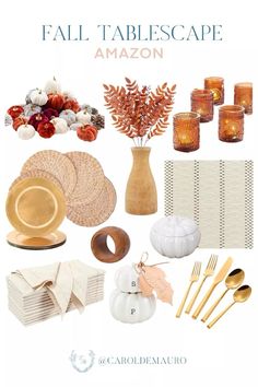 the fall tablescape is filled with candles, plates, and other decorating items