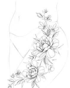 a black and white drawing of flowers on the side of a woman's stomach