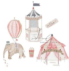 an elephant is standing next to a circus tent and some other items that are hanging from the ceiling