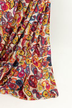 Bright and beautiful contemporary multicolored abstract paisley is digitally printed on a fine quality viscose. Bold designer deadstock from an Italian mill. Light/mid-weight, opaque, with a smooth soft hand, 23" repeat and soft airy drape. A gorgeous print and perfect for a dress, soft pants, skirt, shirt, top or lounge wear. Pre-treat by wash gentle, air dry is recommended. Italy viscose 56" Bohemian Paisley Print Patterned Silk Scarf, Bohemian Multicolor Printed Digital Prints, Bohemian Paisley Print Silk Scarf, Multicolor Silk Scarf With Abstract Print For Spring, Multicolor Silk Scarf With Paisley Print, Multicolor Floral Digital Print For Summer, Summer Multicolor Digital Prints With All Over Print, Abstract Paisley, Mod Squad