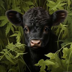 a painting of a black cow peeking out from the green grass with leaves around it