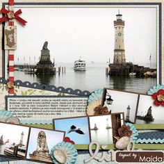 a collage of pictures with lighthouses and seagulls in the background,