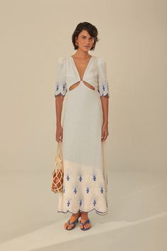 Sea of Fish Embroidered Linen Maxi Dress Fish Dress, Tranquil Blue, Fish Motif, Embroidered Midi Dress, White Sea, Linen Maxi Dress, Scalloped Edges, Swimwear Sale