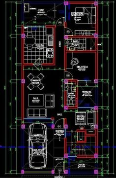 a blueprint drawing of a house with the floor plan in red and green lines