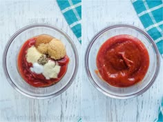 two bowls filled with different types of food on top of a white wooden table next to each other